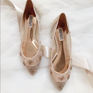 Badgley Mischka Adrienne Crystal Embellished Satin Ballerina Flats Ivory 7
